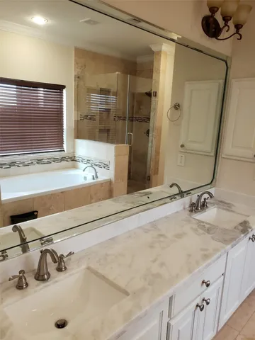 a bathroom with a tub sink and mirror