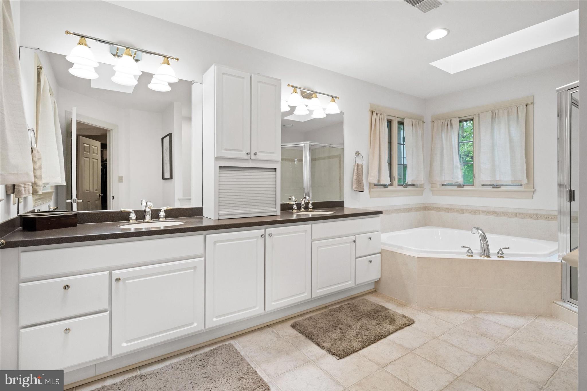 1618 Snuff Mill Road Hockessin, DE 19707 - Photo 26 of 48 a spacious bathroom with a bathtub a double vanity sink and a large mirror