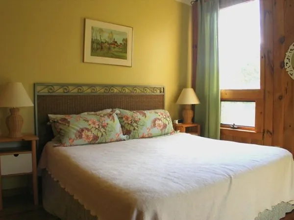 a bedroom with a bed and a lamp on dresser