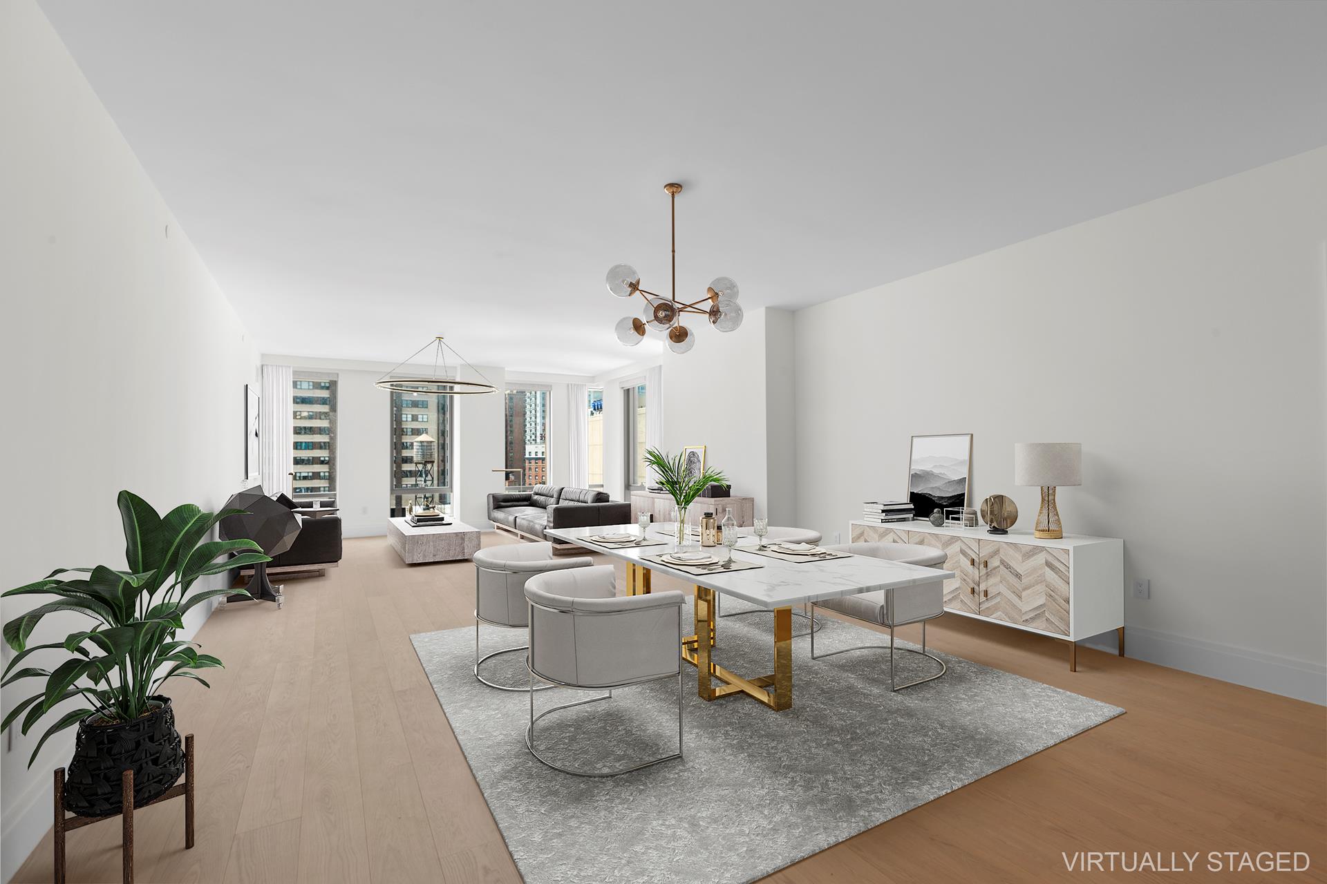 50 West 66th Street, Unit 15E Manhattan, NY 10023 - Photo 1 of 12 a living room with furniture a chandelier and a rug