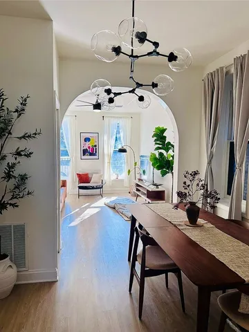 a view of a dining room with furniture