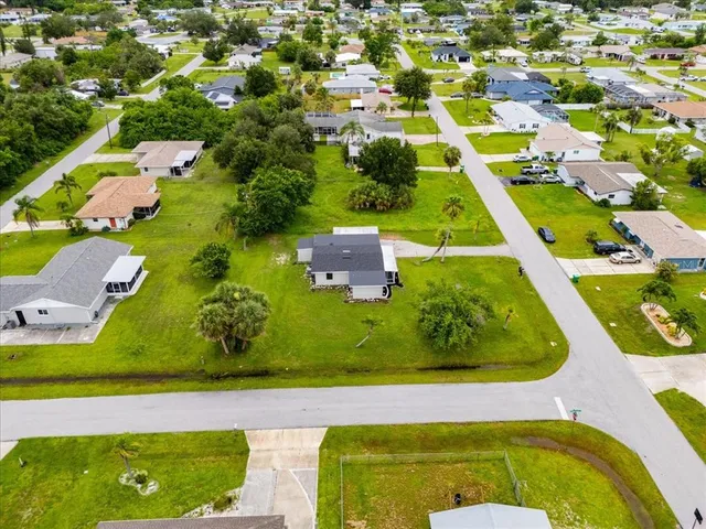 an aerial view of a swimming pool