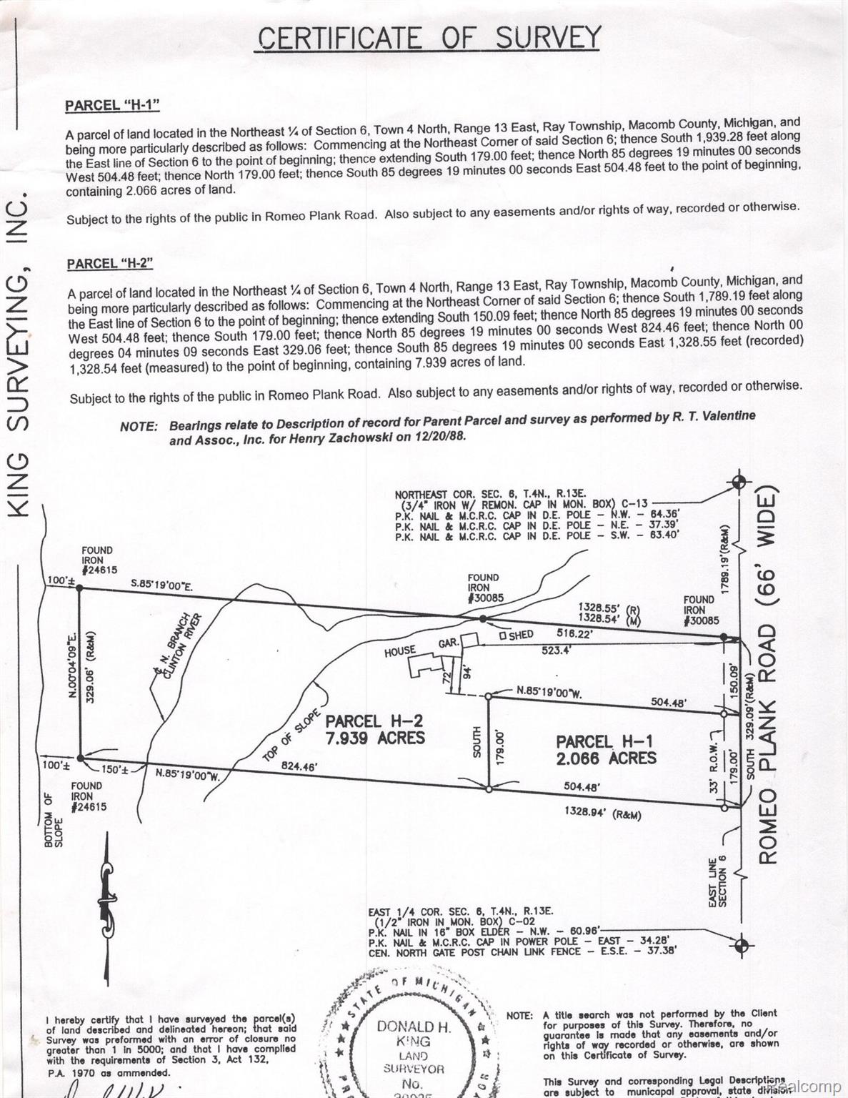 68345 Romeo Plank Road Ray, MI 48096 - Photo 16 of 52 Certificate of Survey. Illustrating property boundaries and dimensions for two parcels with associated legal descriptions