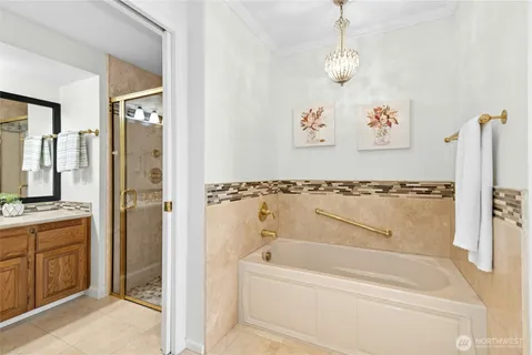 a bathroom with a bathtub and a shower