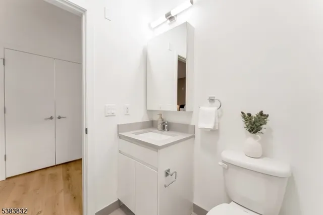 a bathroom with a sink a toilet and mirror