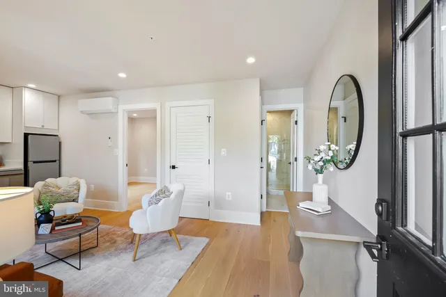 a living room with furniture a mirror and a potted plant