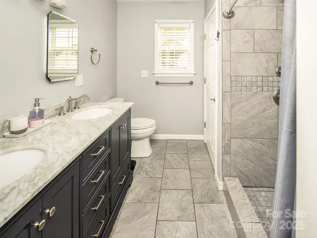 a bathroom with a granite countertop sink a toilet and a mirror