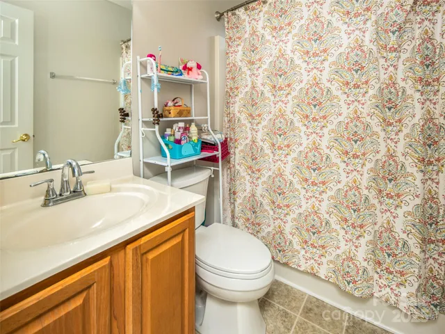 a bathroom with a sink a toilet and a shower curtain