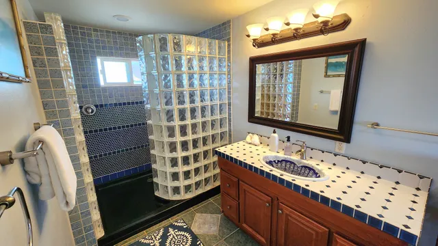 a bathroom with a sink a mirror and a shower