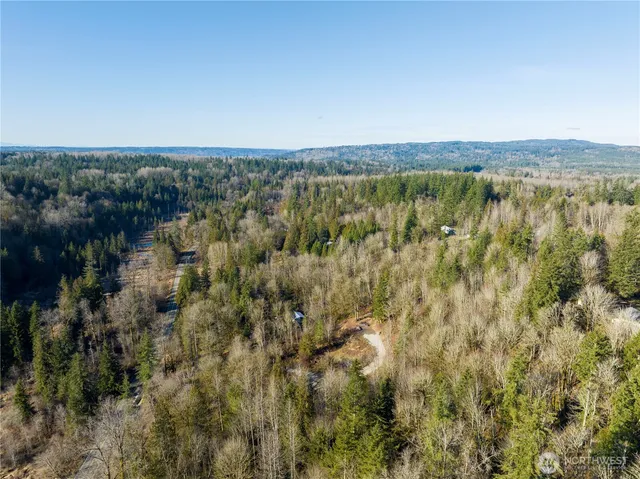 an aerial view of residential houses with outdoor space and trees