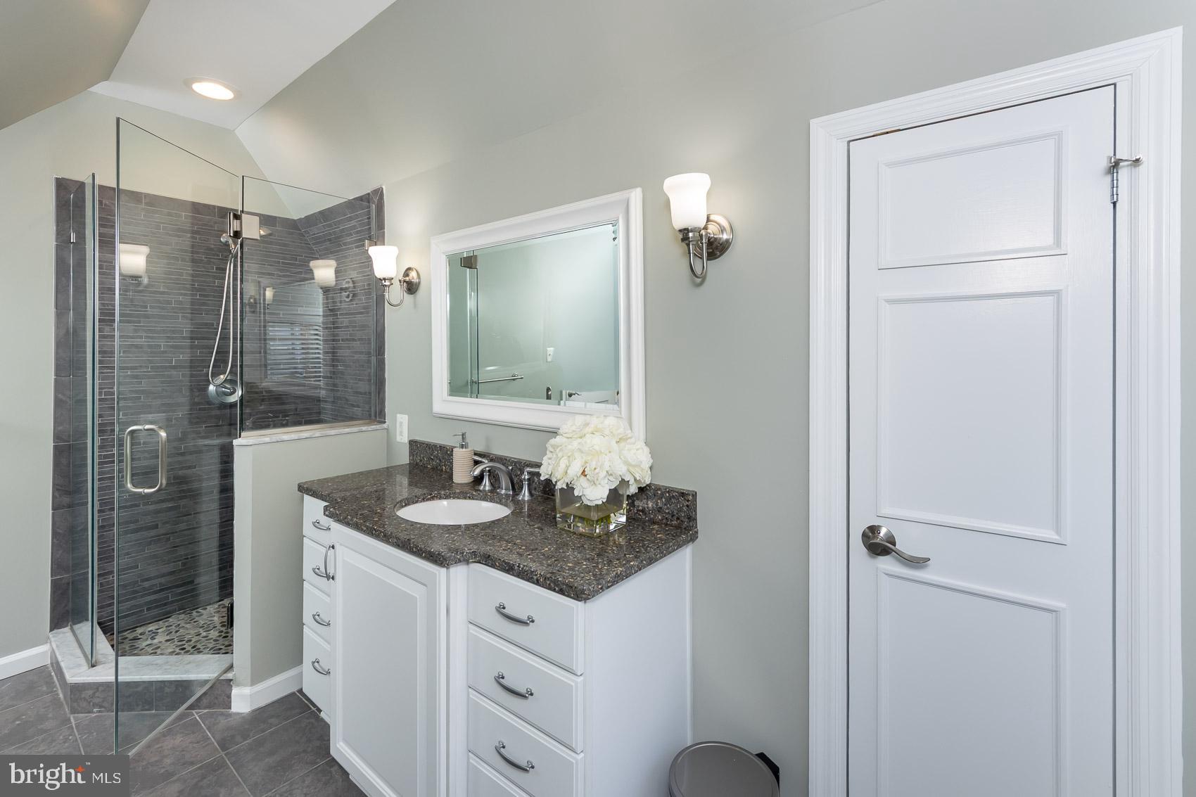 613 Anneslie Road Baltimore, MD 21212 - Photo 25 of 48 a bathroom with a granite countertop sink a mirror and shower
