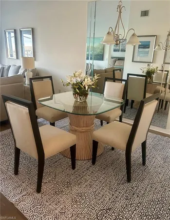a view of a dining room with furniture