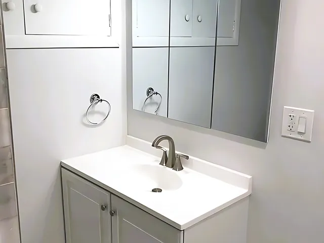 a bathroom with a sink and a mirror