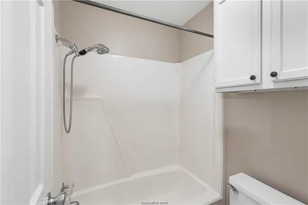 a bathroom with a shower and a toilet