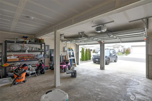 a view of a garage with storage