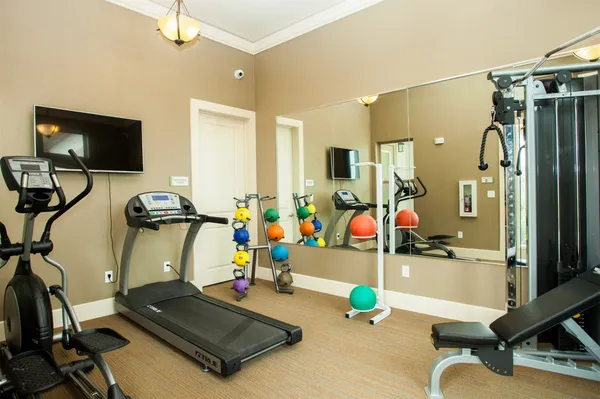 a room with gym equipment and a flat screen tv