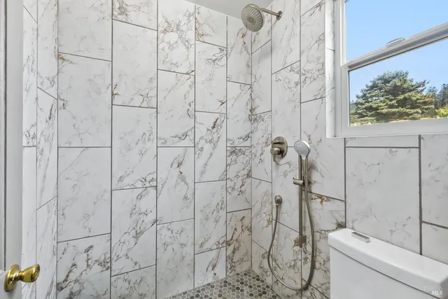 a bathroom with a shower and toilet