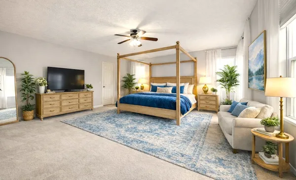 a view of a hallway with wooden floor and windows