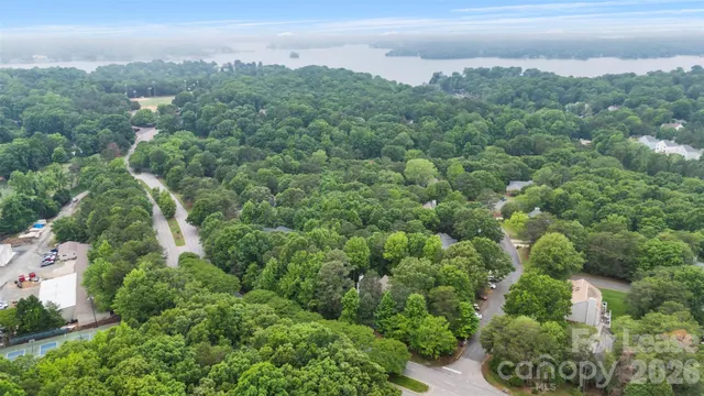 an aerial view of residential houses with outdoor space and trees