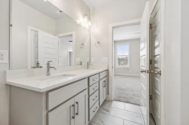 a bathroom with a sink a mirror and a shower