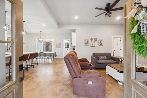 a living room with furniture and a potted plant