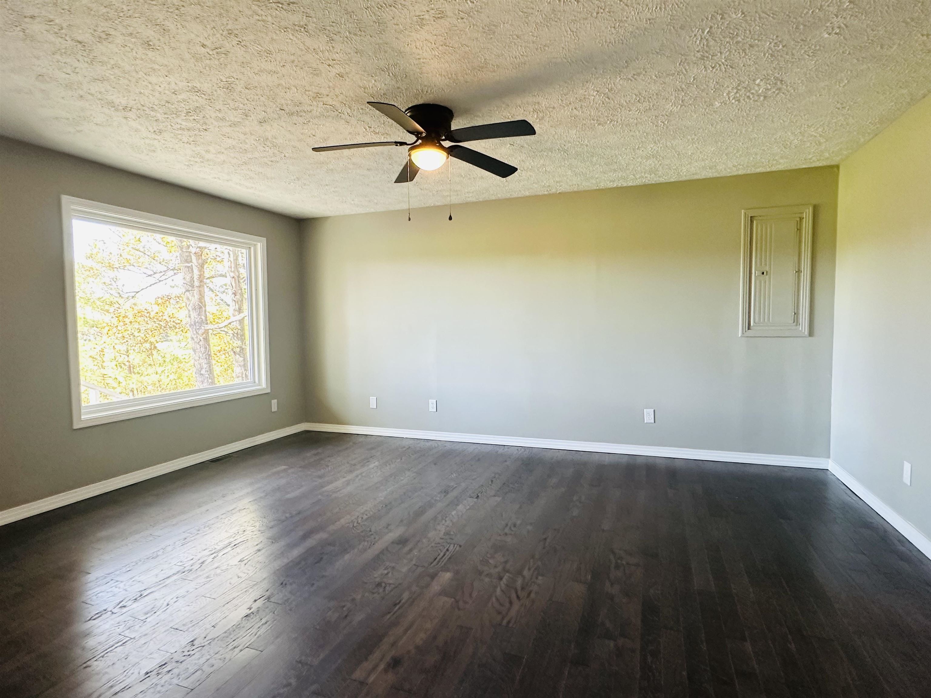 623 Bethesda-Purdy Road Selmer, TN 38375 - Photo 3 of 19 Empty room with electric panel, ceiling fan, dark wood-type flooring, and a textured ceiling