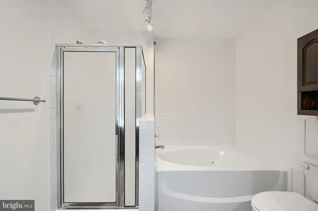 a bathroom with a bathtub shower and toilet