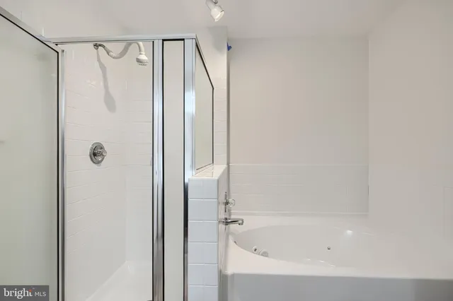 a bathroom with a bathtub and a shower