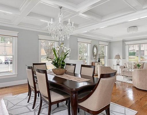 1 Aaron Road Lexington, MA 02421 - Photo 7 of 27 a view of a dining room with furniture a chandelier and wooden floor