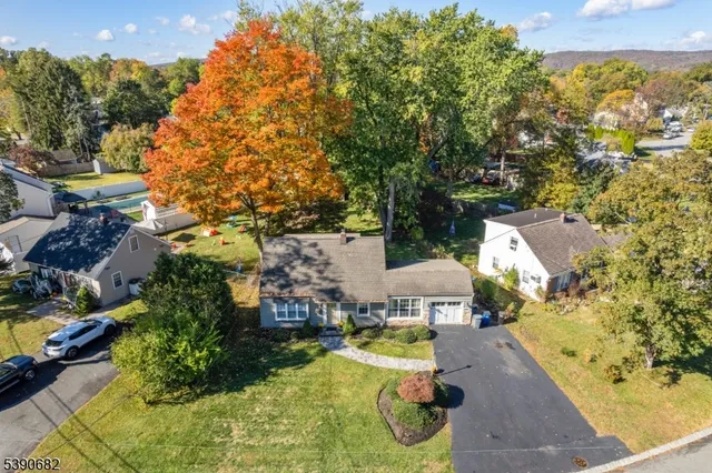 an aerial view of a house with swimming pool and large trees