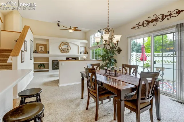 a view of a dining room with furniture window and outside view