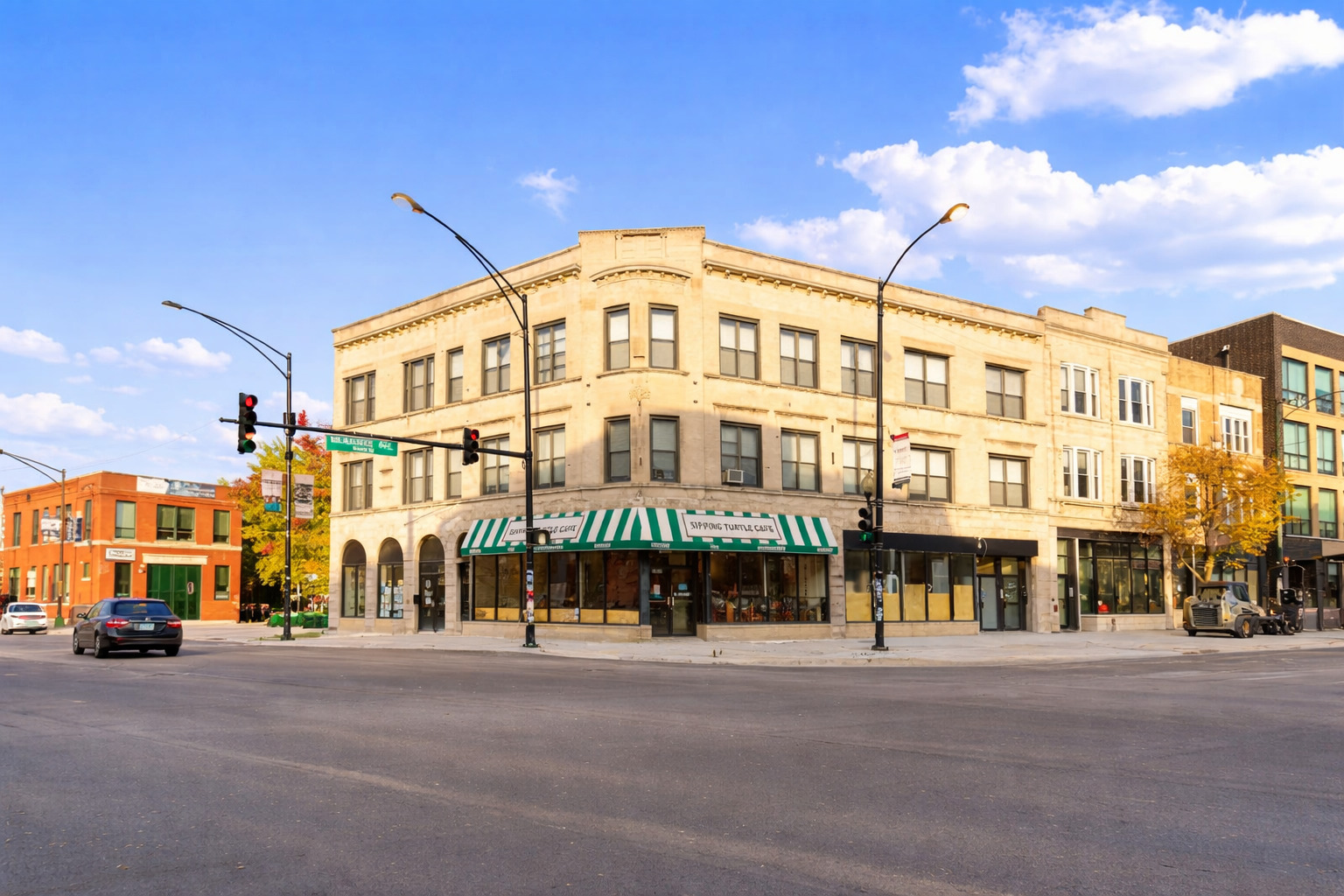a view of a building with a street