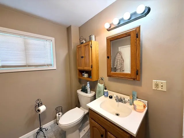 a bathroom with a toilet a sink and mirror