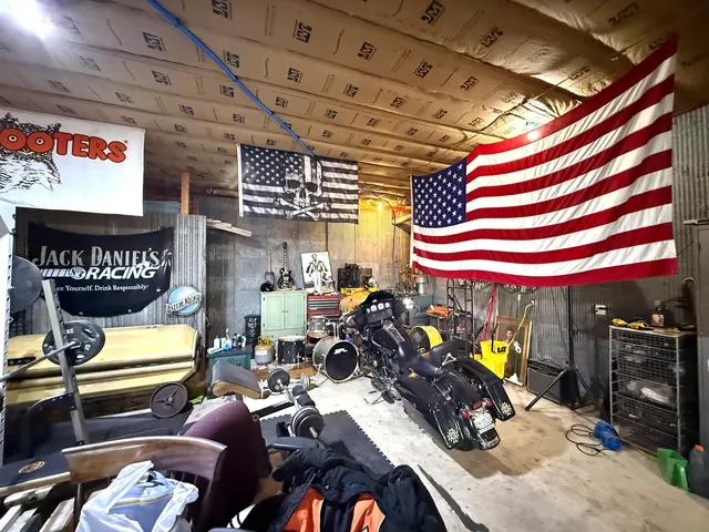 a view of a porch with a garage