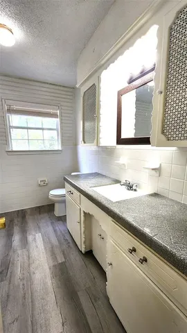 a bathroom with a granite countertop sink and a large mirror