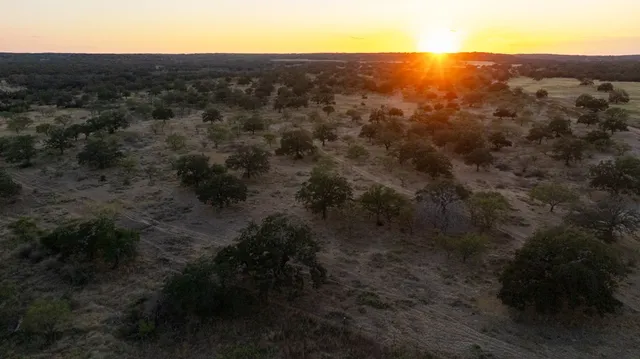 a view of a dry yard with mountains in the background