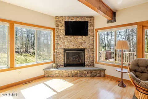 a living room with fireplace furniture and a flat screen tv