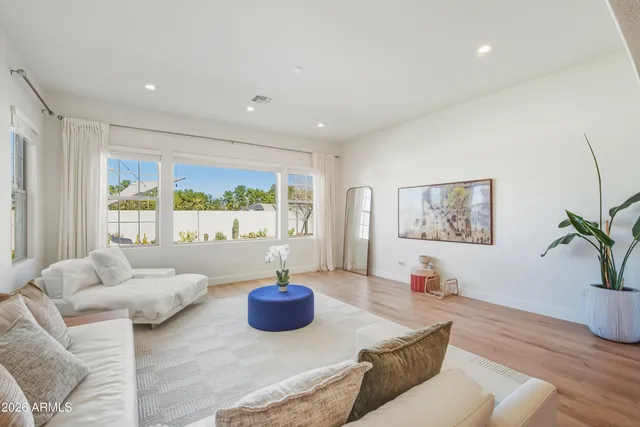 a living room with furniture window and a potted plant