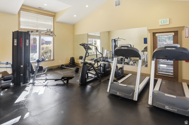 14820 175 East Draper, UT 84020 - Photo 38 of 39 Club house gym with recessed lighting and high vaulted ceiling