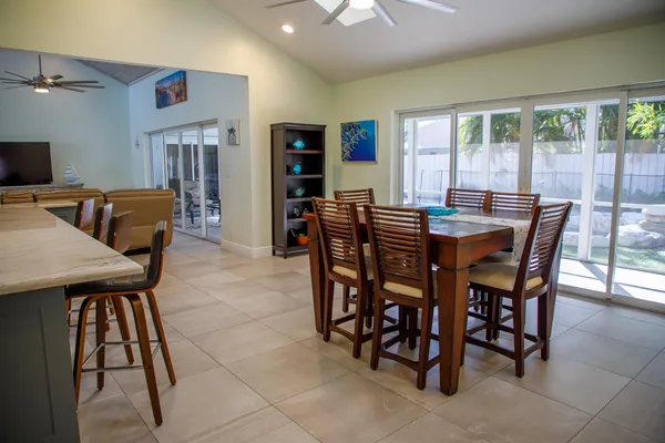 a view of a dining room with furniture