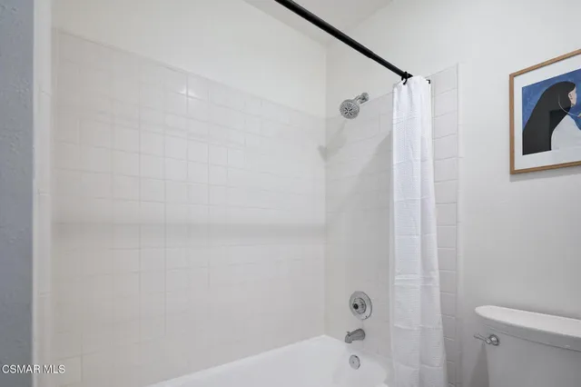 a bathroom with a shower and a toilet