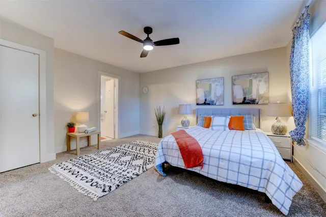 a bedroom with a bed and dresser