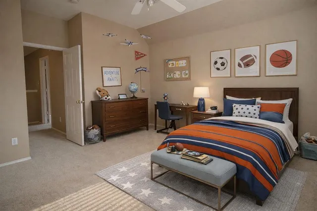a bedroom with a bed and cabinets
