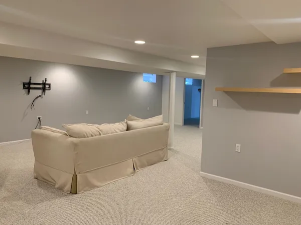 a living room with furniture and a potted plant