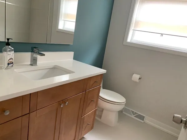 a bathroom with a sink a toilet and a mirror