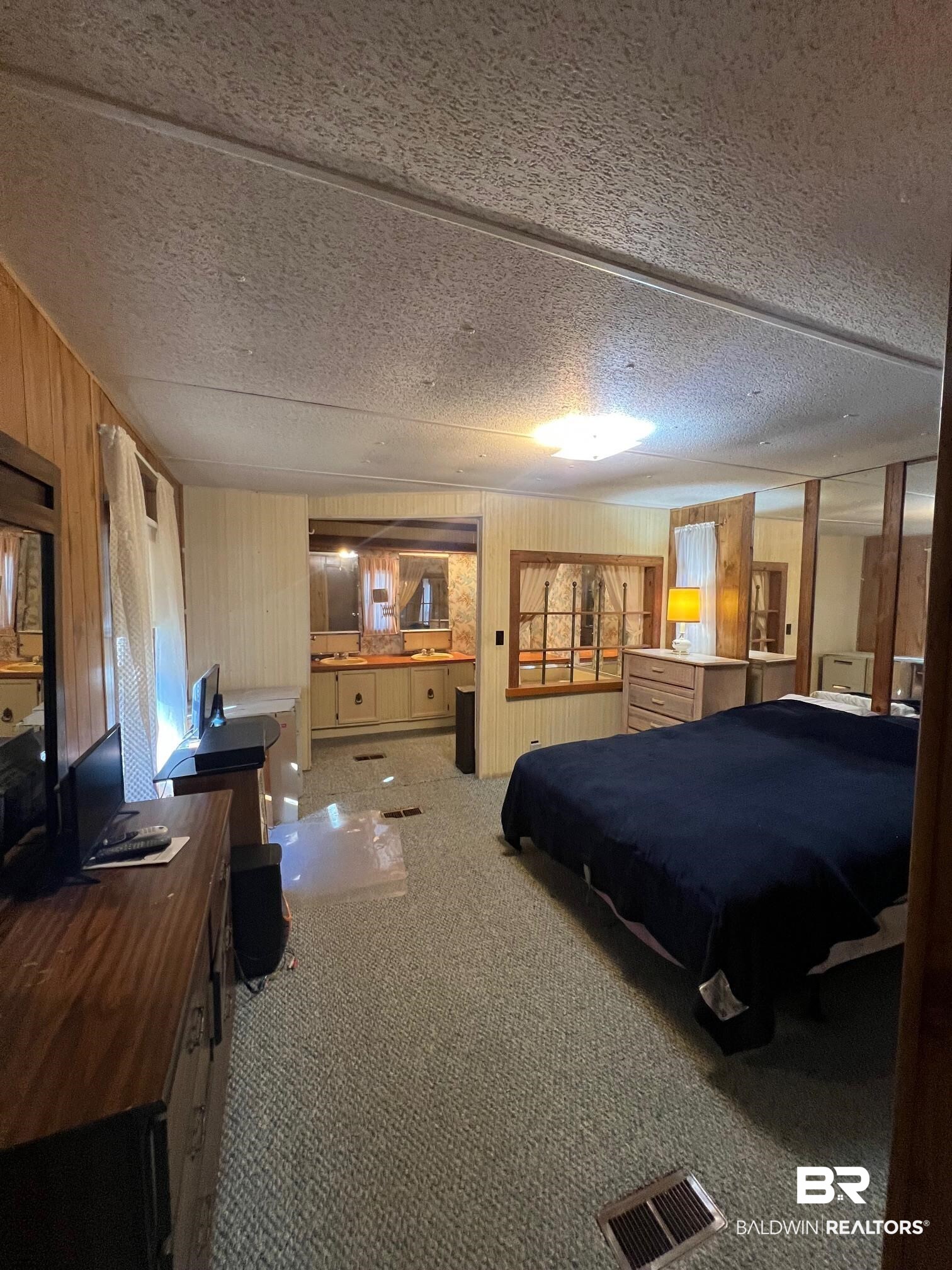 1332 Ridgewood Drive Lillian, AL 36549 - Photo 5 of 32 Carpeted bedroom featuring wood walls and a textured ceiling