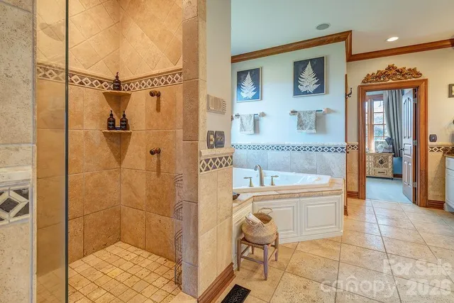 a bathroom with a tub and shower