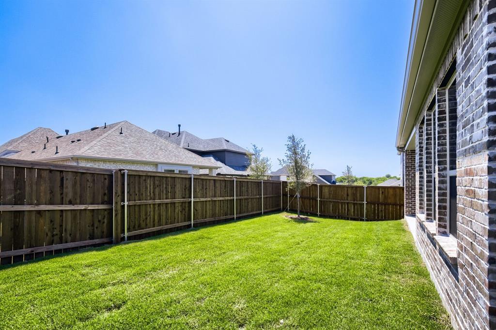 824 Stone Grv Road Lavon, TX 75166 - Photo 25 of 26 Expansive green lawn with a mature tree, featuring a privacy fence, brick exterior, and multiple windows