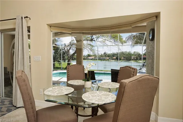 a view of a dining room with furniture window and outside view