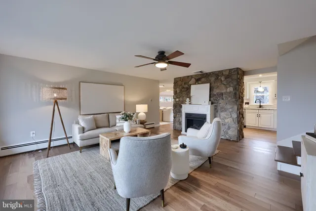 a living room with furniture or wooden floor and a fireplace